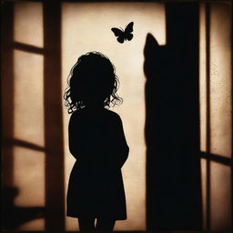 A shadowy and mysterious image with a dark brown rustic background and bars, featuring a child girl with blonde curly hair seen from the back and a tiny butterfly in the background