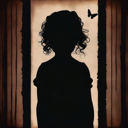 A shadowy and mysterious image with a dark brown rustic background and bars, featuring a child girl with blonde curly hair seen from the back and a tiny butterfly in the background