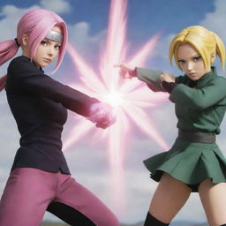 An intense showdown between Sakura Haruno and Tsunade Senju from Naruto in an epic shuriken-filled battlefield.