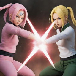 An intense showdown between Sakura Haruno and Tsunade Senju from Naruto in an epic shuriken-filled battlefield.