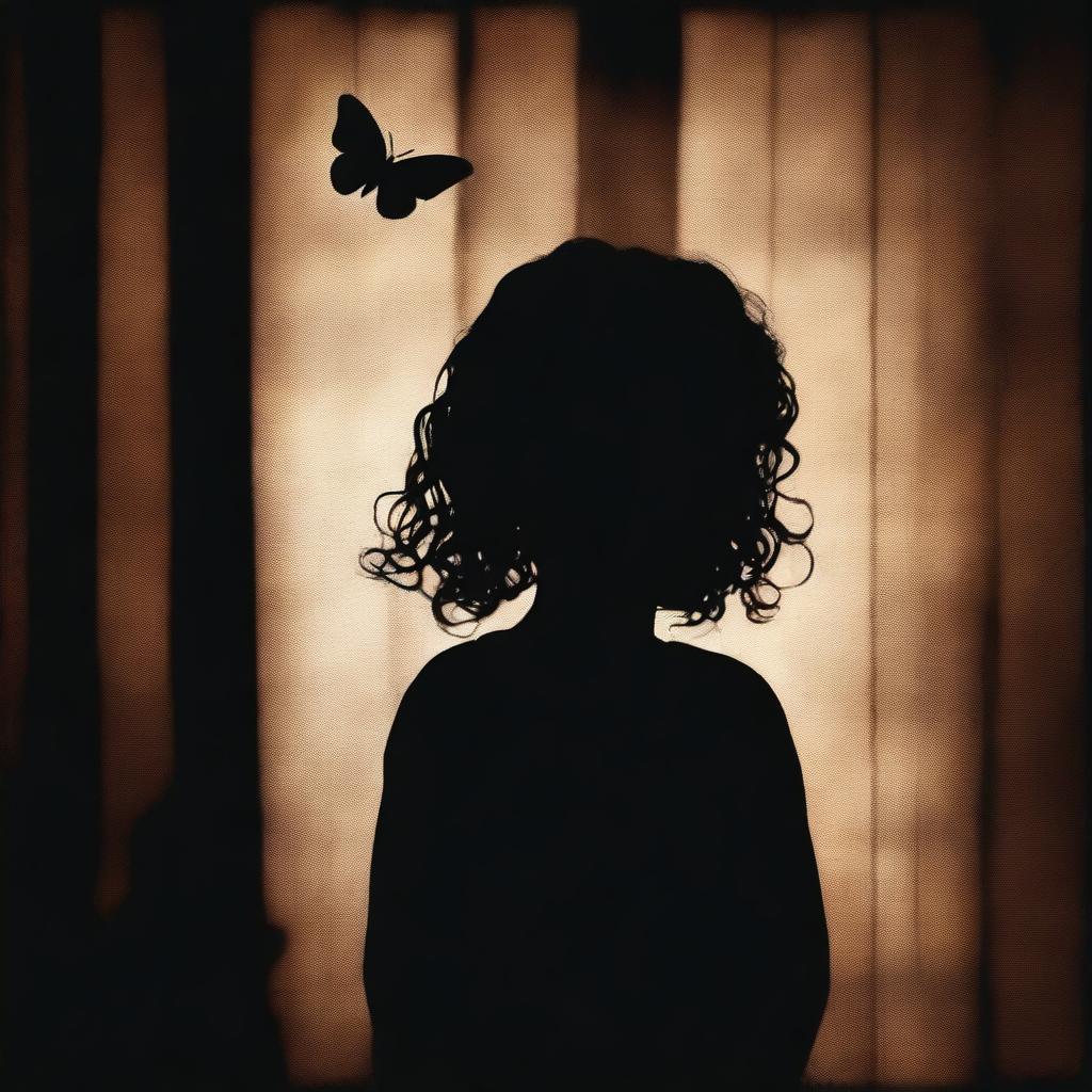 A shadowy and mysterious image with a dark brown rustic background, featuring bars, a child girl with blonde curly hair seen from the back, and a tiny butterfly in the background