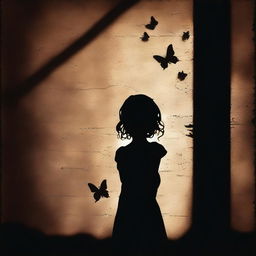 A shadowy and mysterious image with a dark brown rustic background, featuring bars, a child girl with blonde curly hair seen from the back, and a tiny butterfly in the background