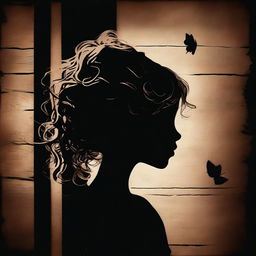 A shadowy and mysterious image with a dark brown rustic background, featuring bars, a child girl with blonde curly hair seen from the back, and a tiny butterfly in the background