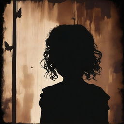 A shadowy and mysterious image with a dark brown rustic background, featuring bars, a child girl with blonde curly hair seen from the back, and a tiny butterfly in the background