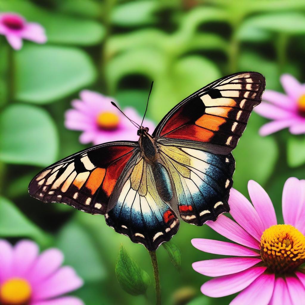 A realistic butterfly perched on a vibrant flower in a lush, green natural setting