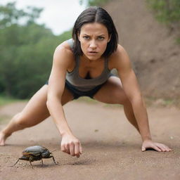 A strong woman with a determined look on her face, stepping on a large bug. Her foot is just about to make contact.