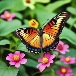 A realistic butterfly perched on a vibrant flower in a lush, green natural setting