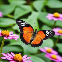 A realistic butterfly perched on a vibrant flower in a lush, green natural setting