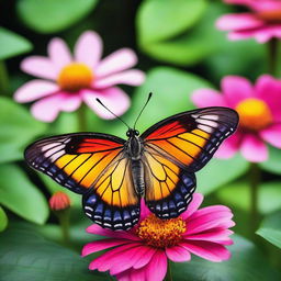 A realistic butterfly perched on a vibrant flower in a lush, green natural setting