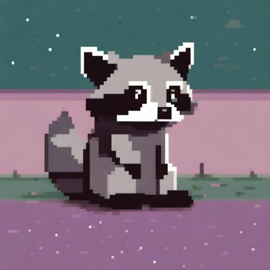 A sad raccoon depicted in pixel art style, with a melancholic expression and a simple, colorful background