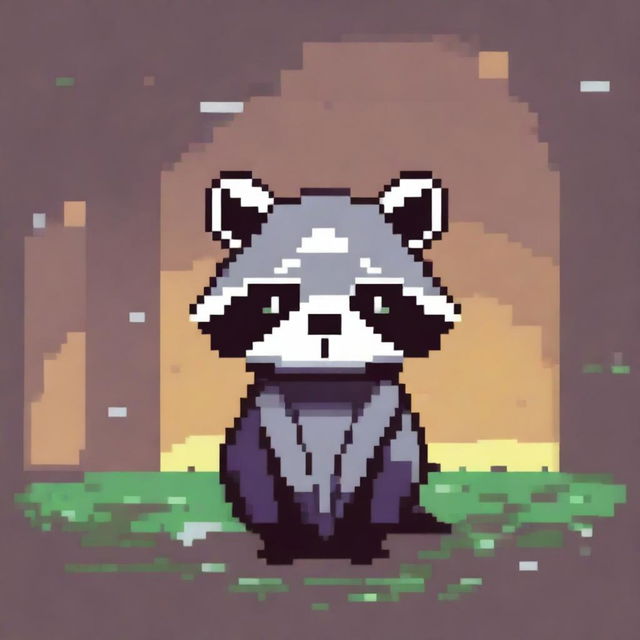 A sad raccoon depicted in pixel art style, with a melancholic expression and a simple, colorful background