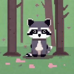 A sad raccoon depicted in pixel art style, with a melancholic expression and a simple, colorful background