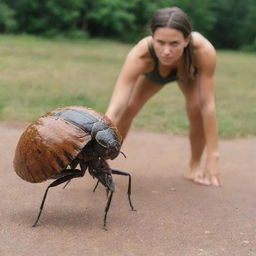 A strong woman with a determined look on her face, stepping on a large bug. Her foot is just about to make contact.