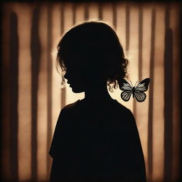 A shadowy and mysterious image with a dark brown rustic background and bars, featuring a child girl with blonde curly hair seen from the back and a tiny butterfly in the background