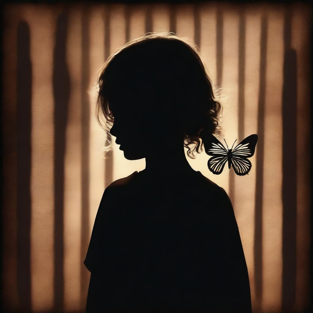 A shadowy and mysterious image with a dark brown rustic background and bars, featuring a child girl with blonde curly hair seen from the back and a tiny butterfly in the background