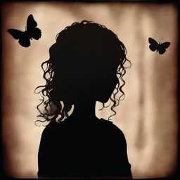 A shadowy and mysterious image with a dark brown rustic background and bars, featuring a child girl with blonde curly hair seen from the back and a tiny butterfly in the background