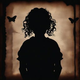 A shadowy and mysterious image with a dark brown rustic background and bars, featuring a child girl with blonde curly hair seen from the back and a tiny butterfly in the background