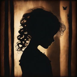 A shadowy and mysterious image with a dark brown rustic background and bars, featuring a child girl with blonde curly hair seen from the back and a tiny butterfly in the background