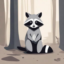 A sad raccoon waiting patiently, depicted in a calm and melancholic scene