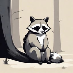 A sad raccoon waiting patiently, depicted in a calm and melancholic scene