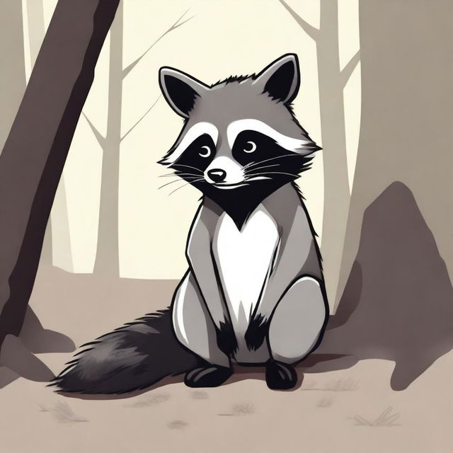 A sad raccoon waiting patiently, depicted in a calm and melancholic scene