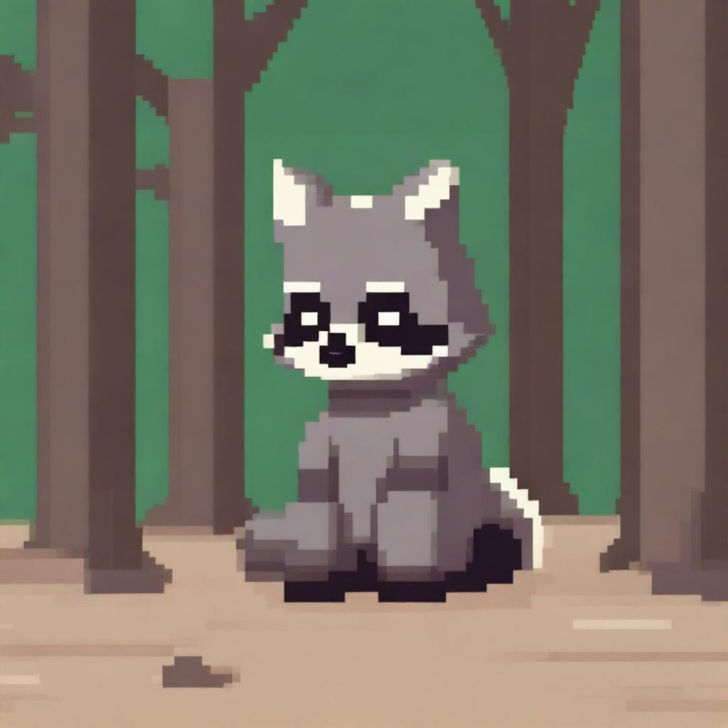 A sad raccoon waiting patiently, depicted in pixel art style