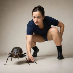 A strong woman with a determined look on her face, stepping on a large bug. Her foot is just about to make contact.