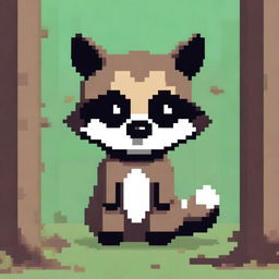 A sad raccoon waiting patiently, depicted in pixel art style