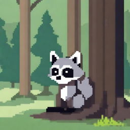 A sad raccoon waiting patiently, depicted in pixel art style