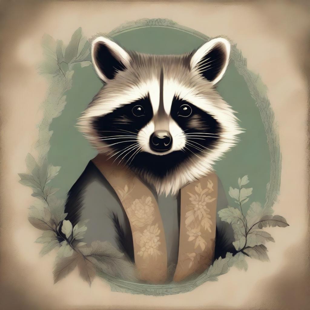 A raccoon depicted in the style of an old, antique painting