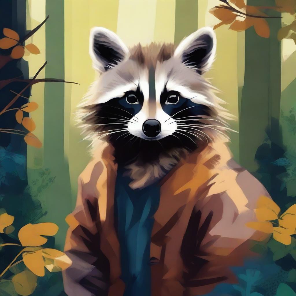 A raccoon depicted in the style of a painting