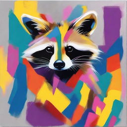 An abstract painting of a raccoon with bold, unconventional shapes and vibrant colors, blending into an abstract background