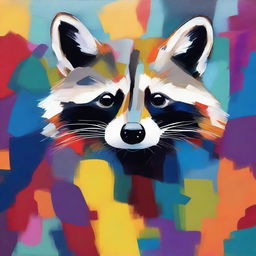 An abstract painting of a raccoon with bold, unconventional shapes and vibrant colors, blending into an abstract background