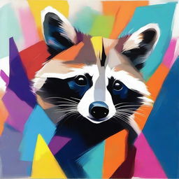 An abstract painting of a raccoon with bold, unconventional shapes and vibrant colors, blending into an abstract background