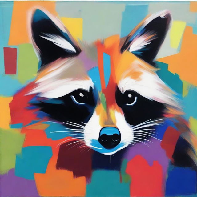 An abstract painting of a raccoon with bold, unconventional shapes and vibrant colors, blending into an abstract background