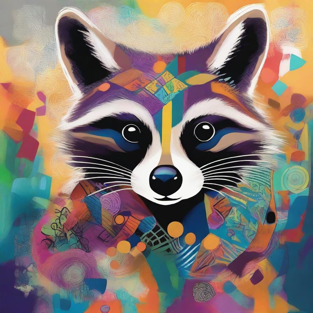 An abstract and complex painting of a raccoon with intricate patterns and vibrant colors, blending into an abstract background