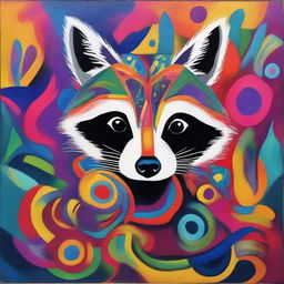 An abstract and complex painting of a raccoon with intricate patterns and vibrant colors, blending into an abstract background