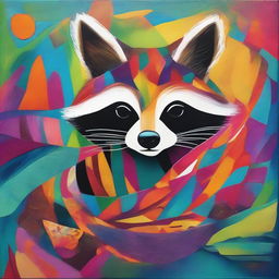 An abstract and complex painting of a raccoon with intricate patterns and vibrant colors, blending into an abstract background