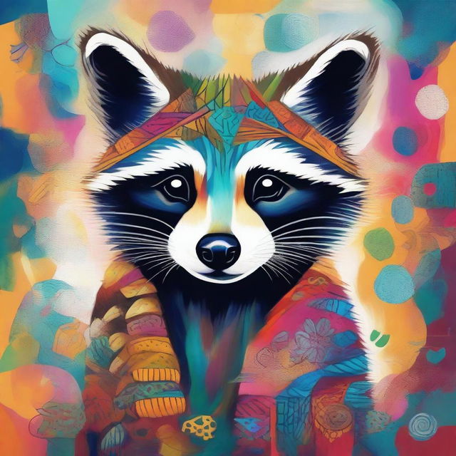 An abstract and complex painting of a raccoon with intricate patterns and vibrant colors, blending into an abstract background