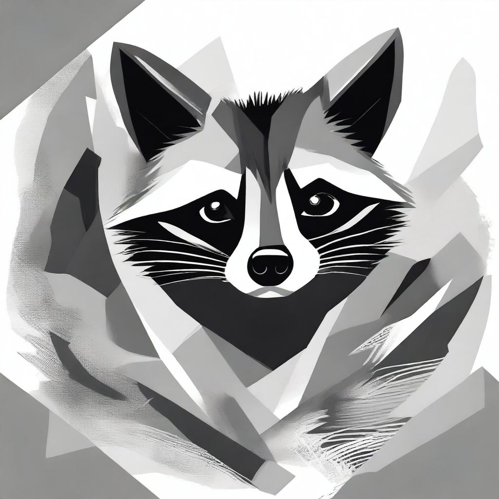 A raccoon depicted in a complex, abstract, monochromatic painting style