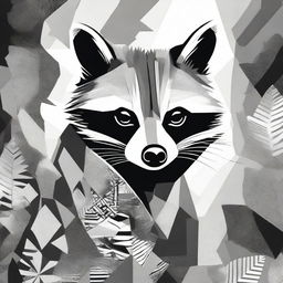 A raccoon depicted in a complex, abstract, monochromatic painting style