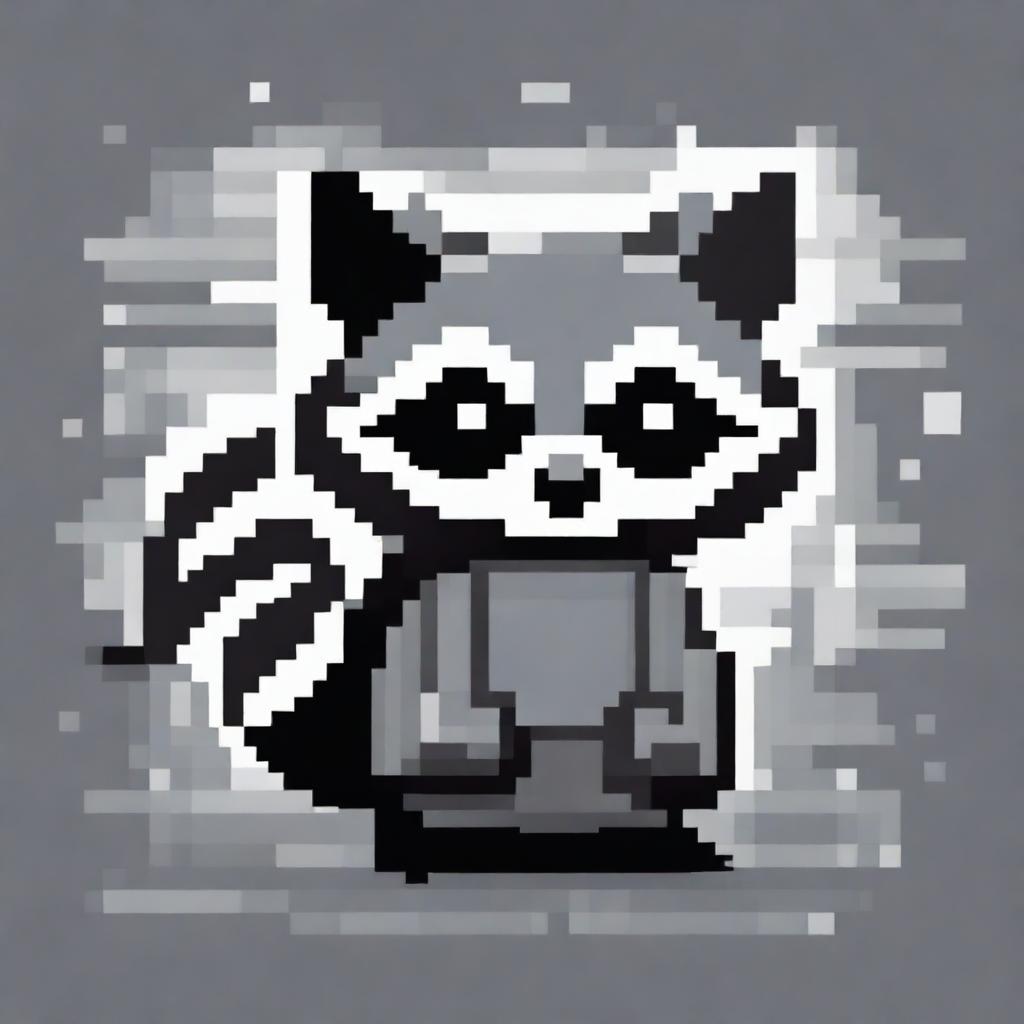 A monochromatic, abstract, and complex pixel art painting of a raccoon