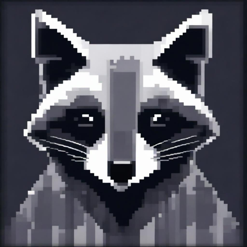 A monochromatic, abstract, and complex pixel art painting of a raccoon