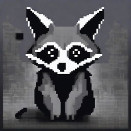 A monochromatic, abstract, and complex pixel art painting of a raccoon