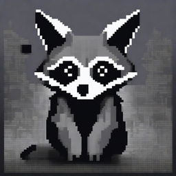 A monochromatic, abstract, and complex pixel art painting of a raccoon