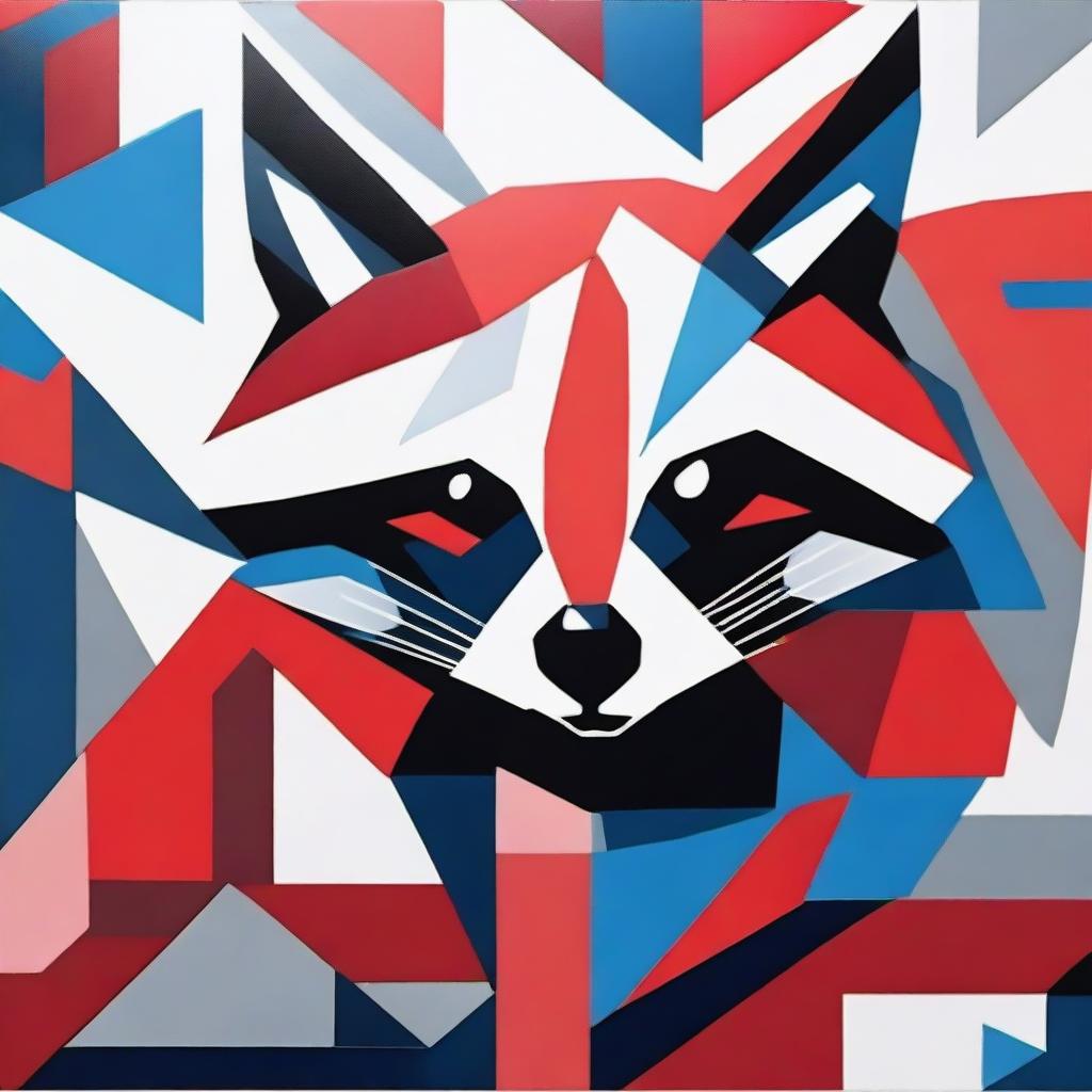 An abstract geometric painting of a raccoon using red, blue, and white colors