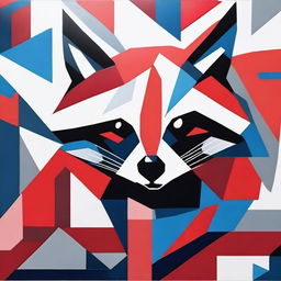 An abstract geometric painting of a raccoon using red, blue, and white colors