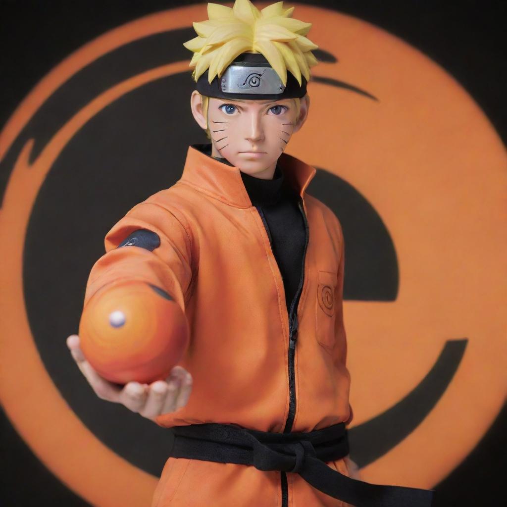 A detailed, vibrant image of Naruto Uzumaki, a ninja from the eponymous anime, dressed in his classic orange and black outfit, holding a Rasengan sphere in his hand.