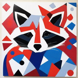 An abstract geometric painting of a raccoon using red, blue, and white colors