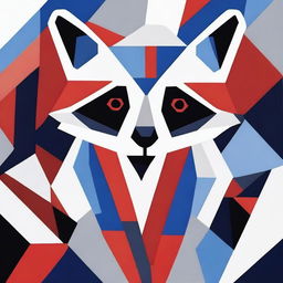 An abstract geometric painting of a raccoon using red, blue, and white colors